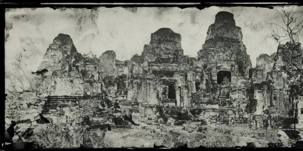 Image similar to black and white old 1 9 3 0 s damaged polaroid photo of a real alien with mayans in the ruins of tikal