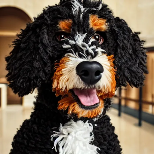 Prompt: a closeup photorealistic photograph of a cute smiling knitted bernedoodle judge dog dressed in a black gown, presiding over the courthouse. indoor image, professional capture, well lit shot. this 4 k hd image is trending on artstation, featured on behance, well - rendered, extra crisp, features intricate detail, epic composition and the style of unreal engine.