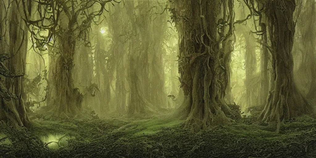 Image similar to Artwork by John Howe of the cinematic view of the Woodland of the Dark Lord.