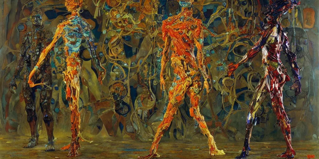 Prompt: a full body sculpture made of bacteria and virus and molecules and atoms, painting part by wojciech siudmak, part by ilya repin, part by max ernst, part by norman rockwell, artstation