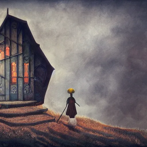 Image similar to eyeless watcher, dutiful return, golden age seraph bunkers, art by Leonora Carrington and Alexander Jansson, high detail, cinematic, cgsociety 8k