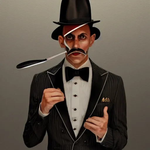 Image similar to a upper body portrait of a deer lord in a pinstriped suit and pants wearing a monocle and a fedora by artgerm and wlop, intricate detail, digital art, photorealistic, trending on artstation