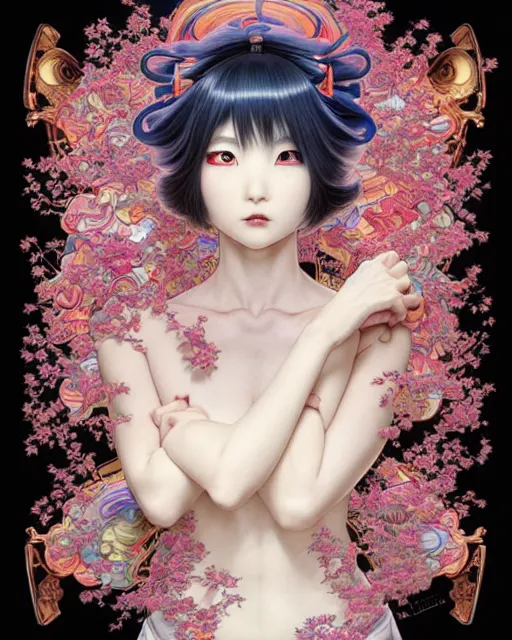 Image similar to ' demented yoshika miyako ', beautiful shadowing, 3 d shadowing, reflective surfaces, illustrated completely, 8 k beautifully detailed pencil illustration, extremely hyper - detailed pencil illustration, intricate, epic composition, masterpiece, bold complimentary colors. stunning masterfully illustrated by artgerm, range murata, alphonse mucha, katsuhiro otomo.