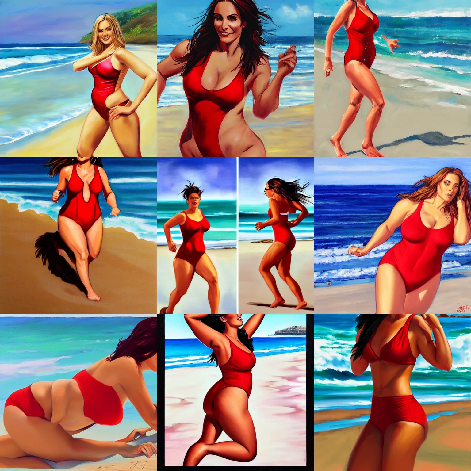 Prompt: portrait of young curvy courtney cox running in red swimsuit on a beach, artgerm