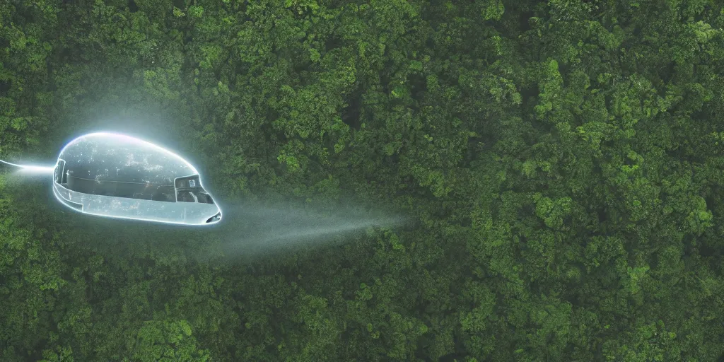 Prompt: photo of a chrome blob hovering in the amazon jungle, cinematic wide shot