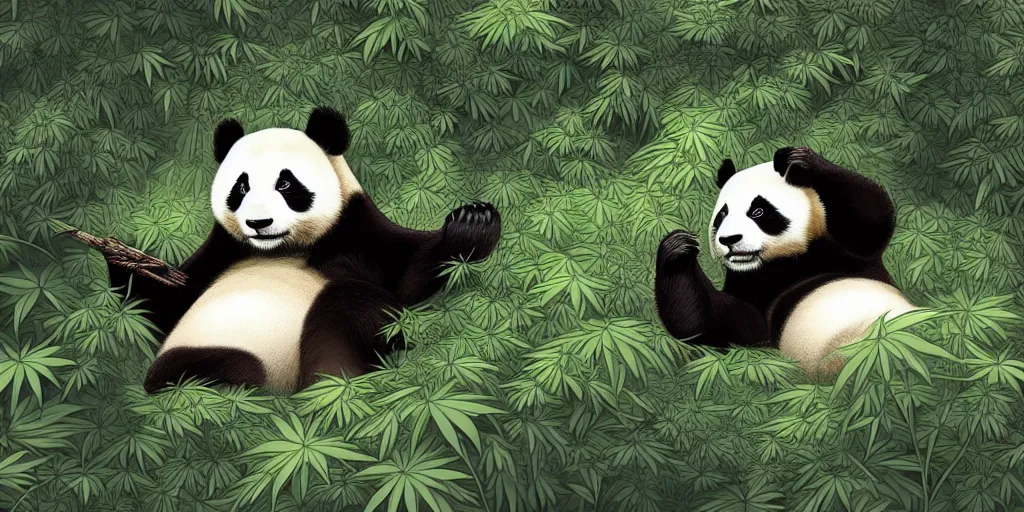 Image similar to beautiful aesthetic digital illustration of a relaxed panda surrounded by an endless forest of weed wlop and Julia Razumova, realistic, photorealistic, hyperrealistic, unreal engine, octane, deviantArt, trending on artstation, artstation HQ