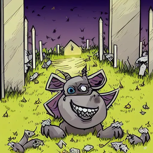 Prompt: half - rotten anthropomorphic evil donkey is crawling out of a grave at a cemetary, bats flying in the background, at night, candles are standing around, 2 d digital vector art, long shot, tilted frame, incredibly detailed, 8 k, sharp, dramatic lighting