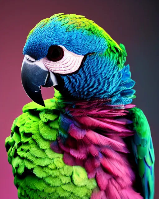 Prompt: natural light, soft focus portrait of a cyberpunk anthropomorphic parrot with soft synthetic pink skin, blue bioluminescent plastics, smooth shiny metal, elaborate ornate head piece, skin textures, by annie leibovitz, paul lehr