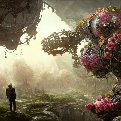 Image similar to intricate bio - mechanical flowers intertwined with human and bio - mechanical organs, intricate environment, matte painting, cinematic, epic composition, highly detailed, atmospheric, wide angle, artstation trending