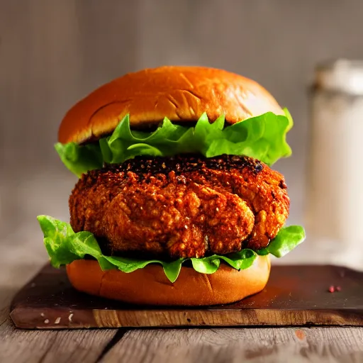 Image similar to a spicy crispy chicken burger, food photography, detailed, yum, fast food