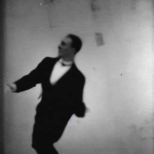 Prompt: a smudged, scratched, grainy and blurry photograph showing the whole body of a man dynamically and frenetically dancing in a dark room twisting his body, edwardian photograph, taken with soviet flash camera at slow shutter speed