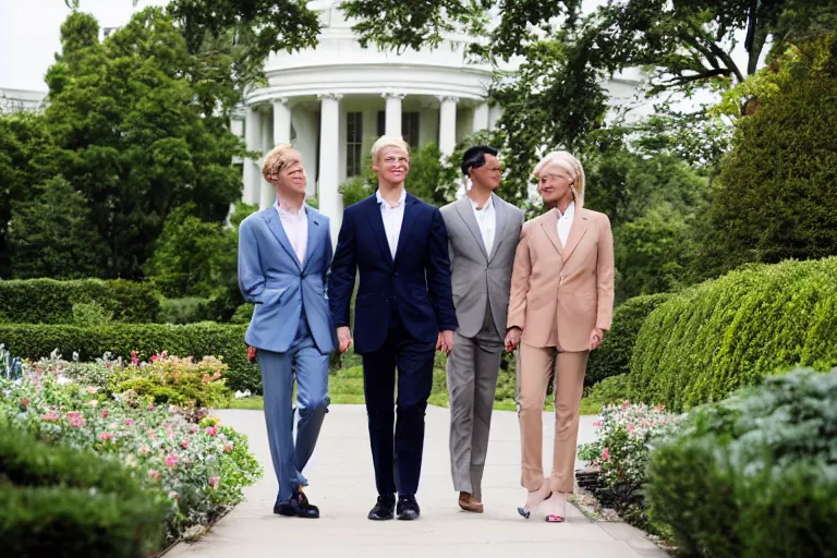 Image similar to beautiful confident smug thirtysomething blonde female president wearing suit alone in the white house rose garden with her two attractive boyfriends, holding hands, photograph, dslr, bokeh, romantic, campaign ad
