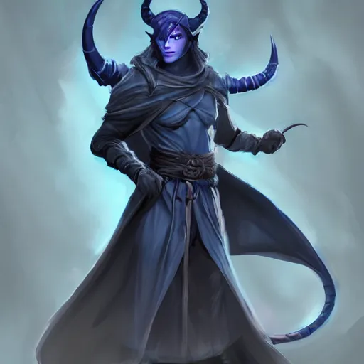 Image similar to D&D character concept art of a cloaked tiefling, tiefling rogue, blue skin color with short horns and a devil tail, fighting pose of a Rogue holding daggers, black cloak hidden in shadows, full body pose, soft colors, fantasy, intricate, elegant, highly detailed, digital painting, artstation, concept art, smooth, sharp focus, illustration, wide angle shot, full body visible, art by artgerm and H R Giger and alphonse mucha