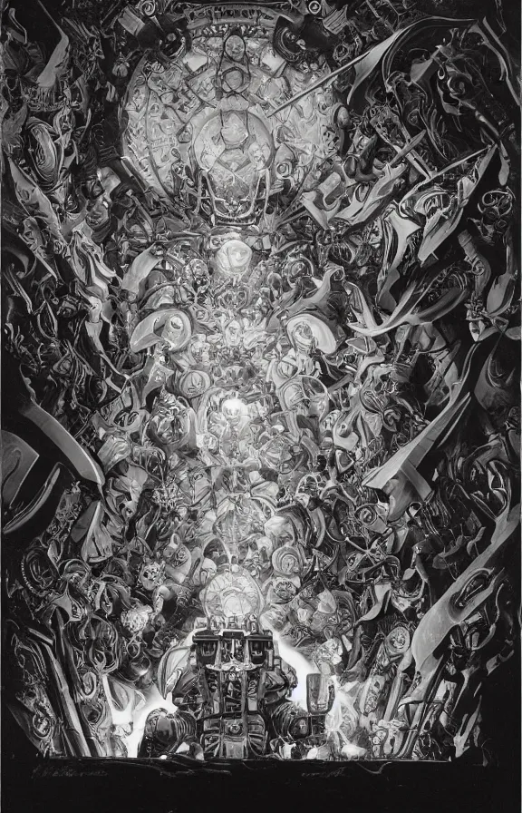 Image similar to occultist scientists doing blood sacrifices to summon extradimensional gundam, occult giant robot power armor etched with glowing magical runes by m. c. escher, beeple, greg rutkowski and alphonse mucha. 8 k hd resolution, chihuly