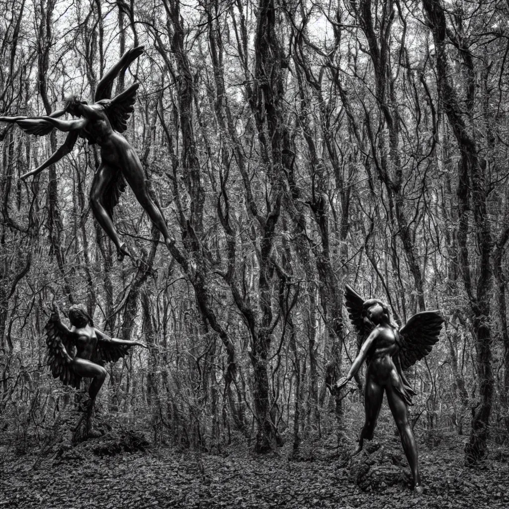 Prompt: a sculpture of fallen angel in a dark forest, monochrome photograph