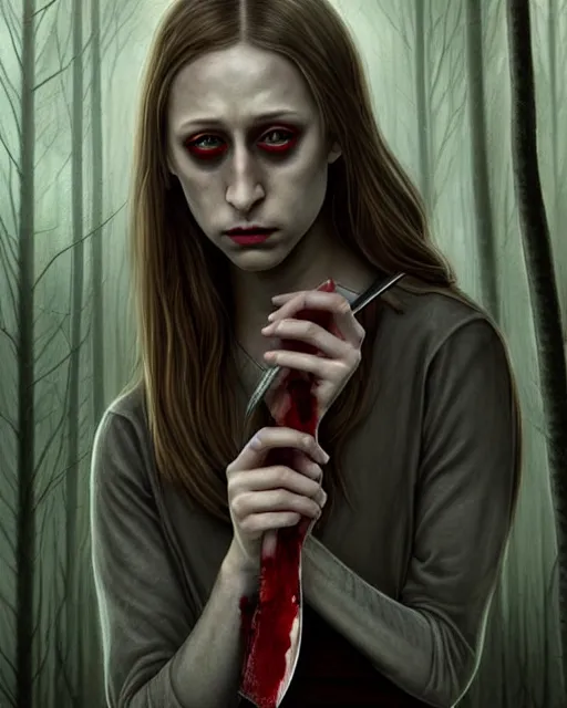 Prompt: gorgeous Taissa Farmiga full body slasher killer holding bloody knife, realistic character concept, spooky, illustration, symmetrical face and body, realistic eyes, cinematic lighting, hyperdetailed, detailed realistic symmetrical eyes, 8k, high resolution, Charlie Bowater, Tom Bagshaw, single face, insanely detailed and intricate, beautiful, elegant, dark forest and trees, vfx, postprocessing