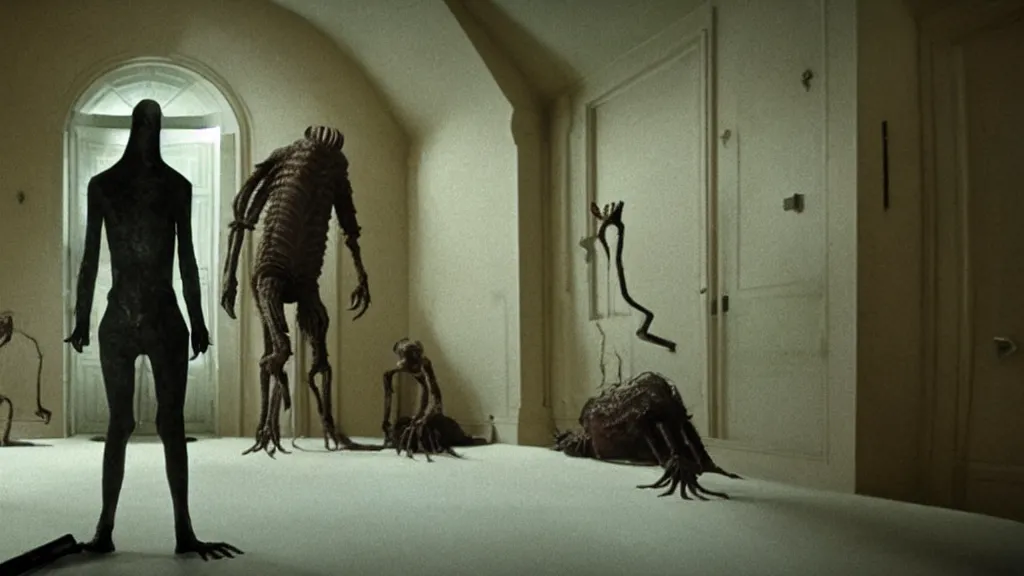 Image similar to the creature on the house in the house, film still from the movie directed by denis villeneuve and david cronenberg, with art direction by salvador dali, wide lens