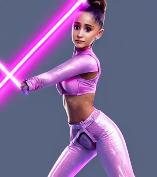 Prompt: A hyper realistic photo of Ariana Grande in the Star Wars universe with two pink lightsabers held in each hand, action pose. Maximum detail on artstation, photo realism, vivd details, vivd colour