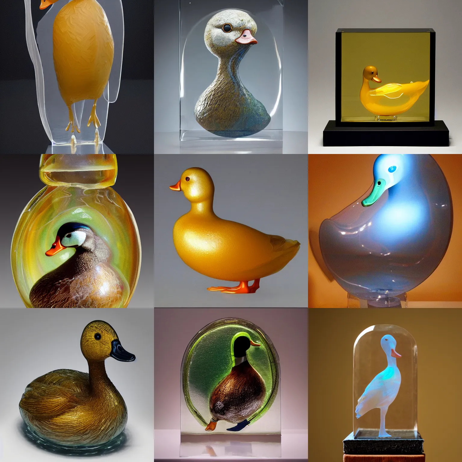 Prompt: portrait of a transparent sculpture of a duck made out of glass, a painting in the background, fantasy, trending on artstation