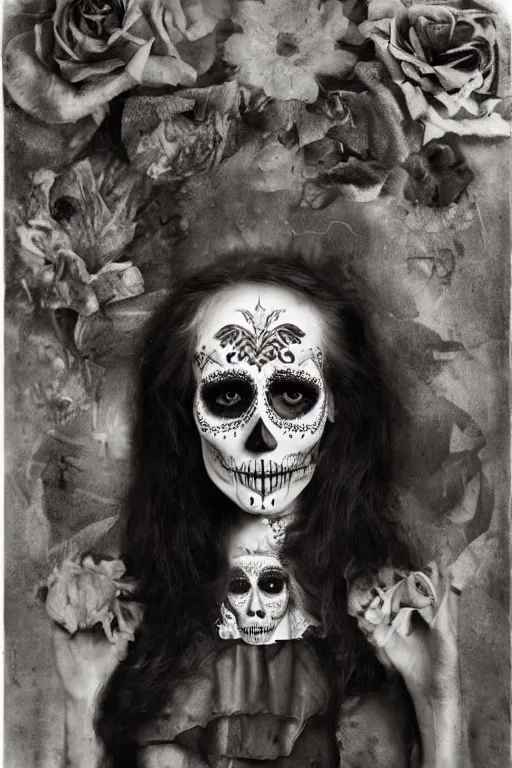 Prompt: illustration of a sugar skull day of the dead girl, art by joel peter witkin