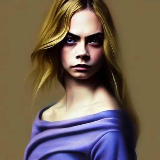 Image similar to cara delevingne, full body portrait colorful oil painting by vermeer, android jones, yuumei, yanjun cheng, unreal 5, daz, hyperrealistic, octane render, rpg portrait, dynamic lighting, fantasy art, beautiful face