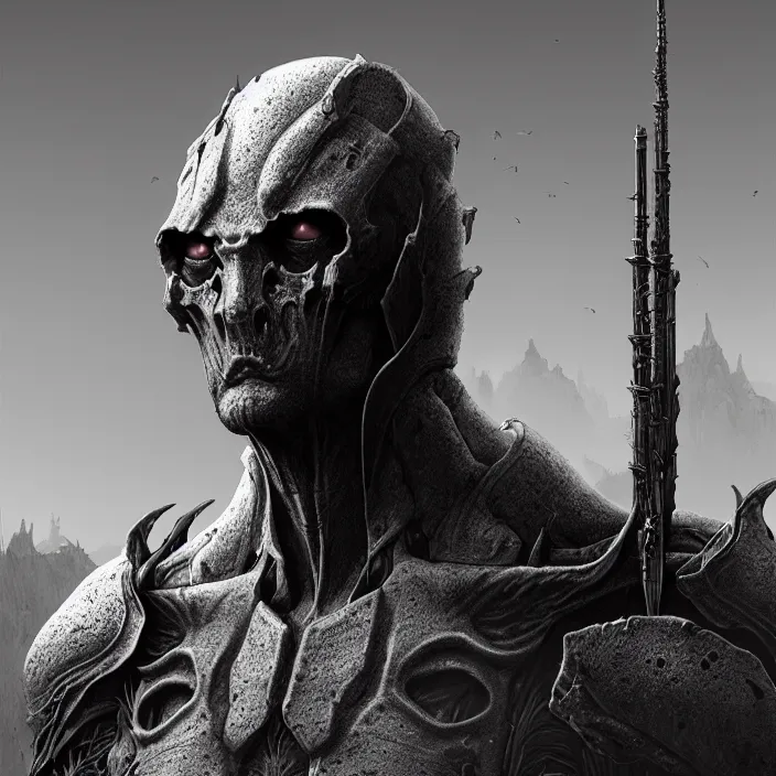 Prompt: a vertical portrait of a character in a scenic environment by wayne barlowe, black and white, dreamy, armor, highly detailed, 3 d render, vray, octane, realistic lighting