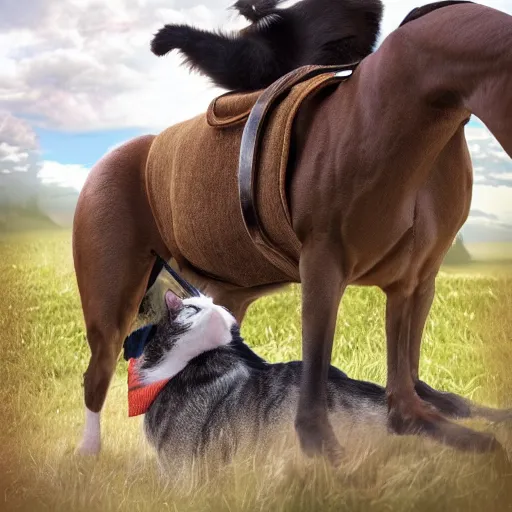 Image similar to a cat sitting on a dog's back while the dog is riding a horse, realistic, 4k