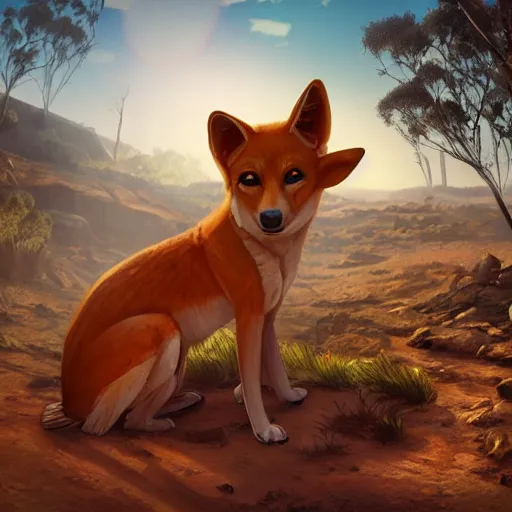 Image similar to stylized character concept art of the small cute dingo dog in the australia outback, hidari, color page, tankoban, 4 k, tone mapping, akihiko yoshida, clean bright happy adventure