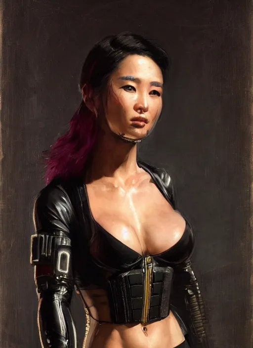 Prompt: Marie Cho. beautiful cyberpunk female USN marine wearing a military vest and a black and pink tactical catsuit (cyberpunk 2077, bladerunner 2049). gorgeous face. Iranian orientalist portrait by john william waterhouse and Edwin Longsden Long and Theodore Ralli and Nasreddine Dinet, oil on canvas. Cinematic, hyper realism, realistic proportions, dramatic lighting, high detail 4k