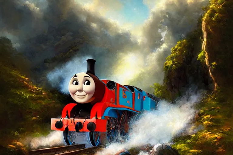 Image similar to thomas the tank engine ramping off a cliff because tracks ended, an oil painting by ross tran and thomas kincade