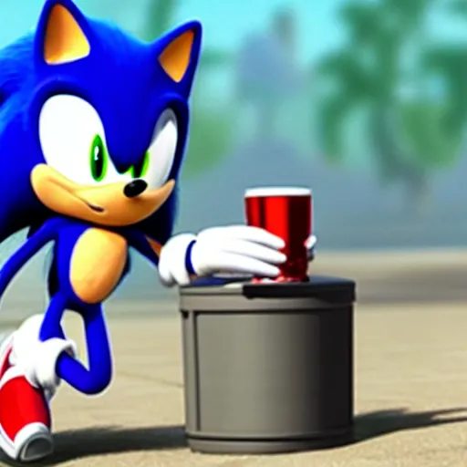 Image similar to photorealistic sonic the hedgehog drinking beer