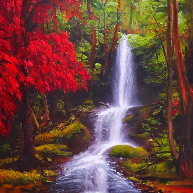 Image similar to red waterfall in a colorful forest, oil painting