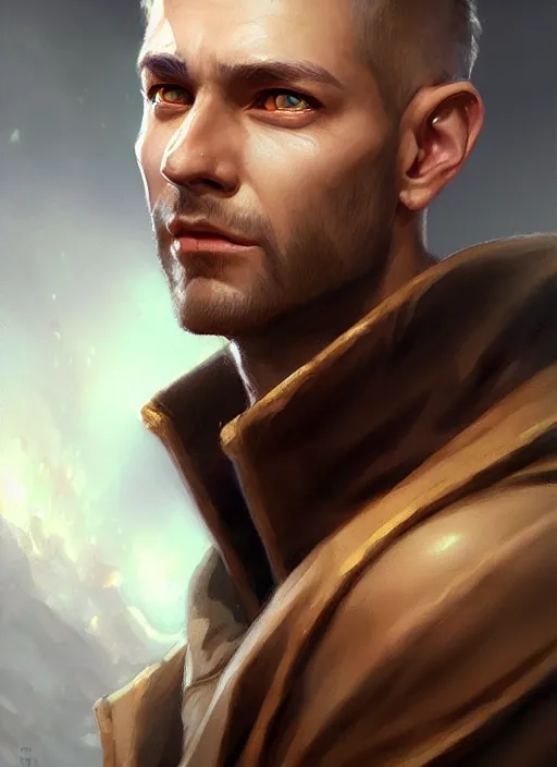 Image similar to a _ fantasy _ style _ portrait _ painting _ of light brown male short hair chiseled face big ears, rpg dnd oil _ painting _ unreal _ 5 _ daz. _ rpg _ portrait _ extremely _ detailed _ artgerm _ greg _ rutkowski _ greg