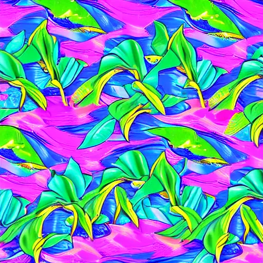 Prompt: dolphins jumping over a pile of hemp leaves in a psychedelic lisa frank style, digital art