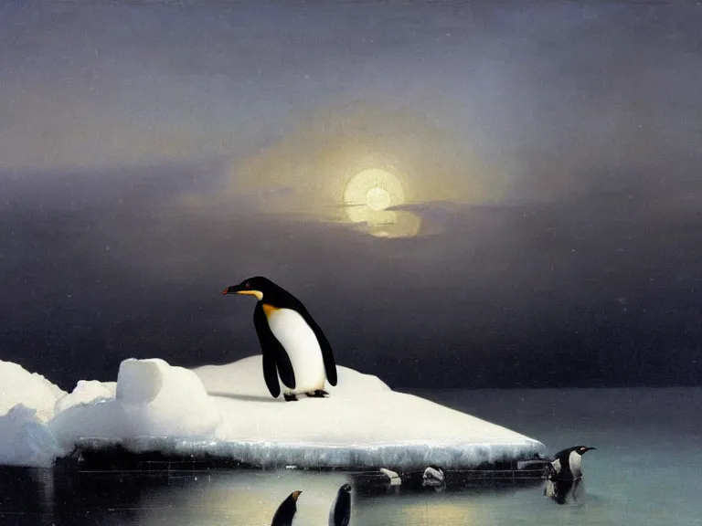 Image similar to an oil painting of a penguin playing in pure white snow on an iceberg in a serene ocean at dusk. aurora. by tuomas korpi moebius and carl spitzweg. baroque elements. intricate artwork by caravaggio. oil painting. oil on canvas. award winning. dramatic. trending on artstation. 8 k