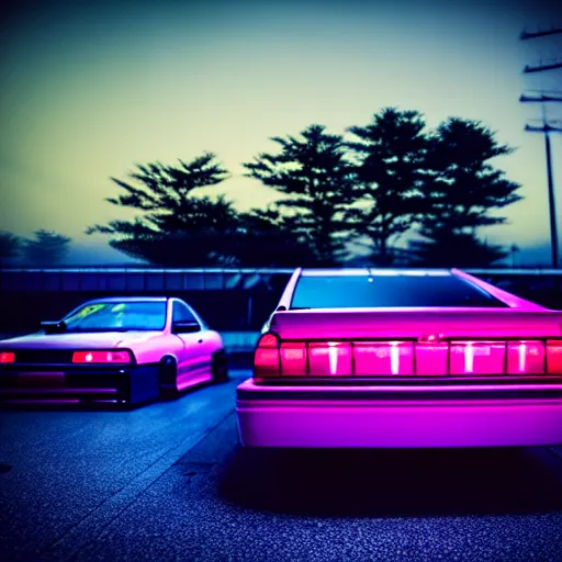 Prompt: a car JZX100 twin-turbo at illegal car meet, Saitama prefecture, city sunset mist neon lights, cinematic color, photorealistic, highly detailed, 200MM