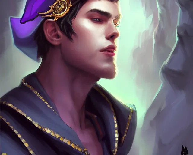 Image similar to a mind - blowing portrait of a young shadow mage male, wearing a vest with diamond pattern, wearing a wizard hat, joyful, d & d, fantasy, intricate, elegant, highly detailed, digital painting, artstation, concept art, matte, sharp, illustration, hearthstone, art by artgerm and greg rutkowski and alphonse mucha