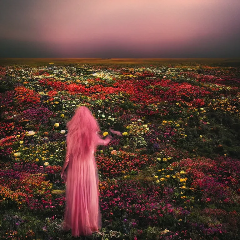 Image similar to a planet of various flowers, fungus and plants, in which the singular human figure is dressed in something magical and impressive, inside the picture is infinity, sunset light, Atmospheric phenomenon, artistic photography, muted colors, conceptual, long exposure outside the city, volumetric light