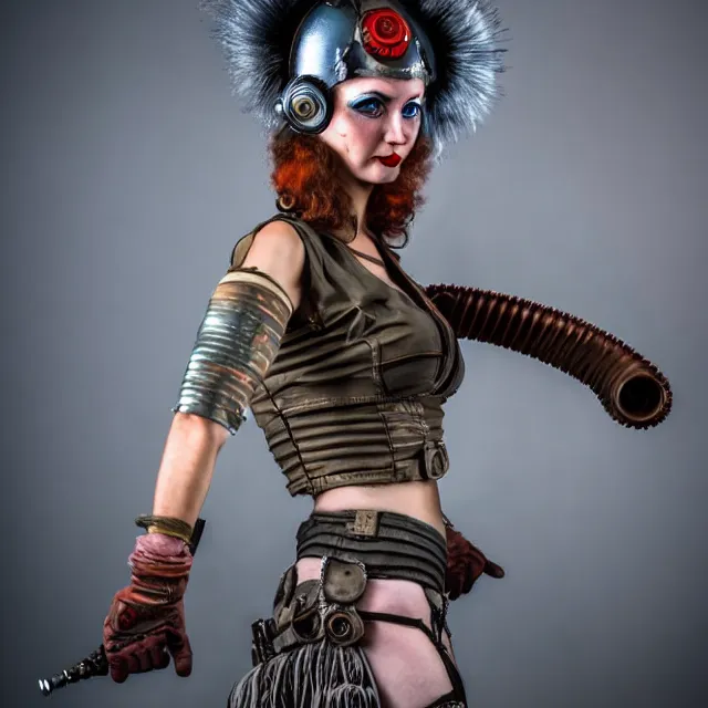 Prompt: full length photograph of a real - life very beautiful atompunk warrior. extremely detailed. dslr. 8 5 mm.