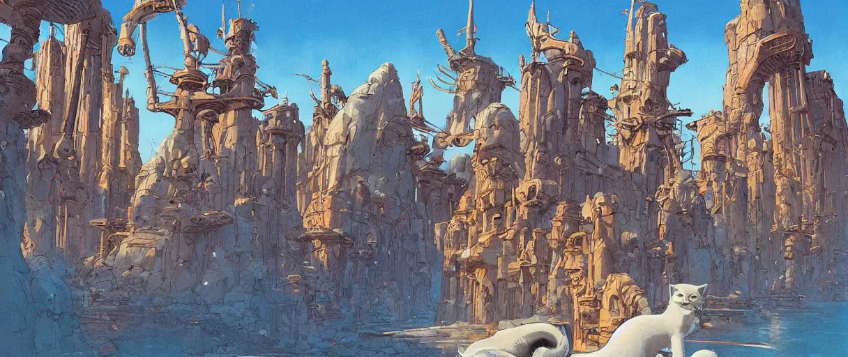 Prompt: A beautiful illustration of an ancient ocean city of anthropomorphic Feline warriors by Robert McCall and Ralph McQuarrie | sparth:.2 | Time white:.2 | Graphic Novel, Visual Novel, Colored Pencil, Comic Book:.3 | unreal engine:.5 | establishing shot