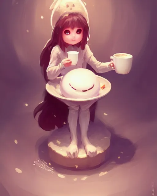 Prompt: concept art of a marshmellow girl creature, sitting in a cup of hot cocoa | | cute - fine - fine details by stanley artgerm lau, wlop, rossdraws, and sakimichan, trending on artstation, brush strokes