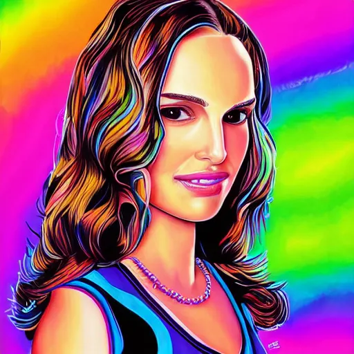 Prompt: beautiful realistic portrait of Natalie Portman as a rock star by Lisa Frank