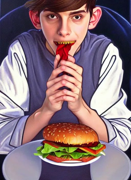 Image similar to oil painting, teenage jughead jones, wears a light grey crown, and devours a hamburger, intricate, elegant, highly detailed, pinocchio nose, lighting, painting, artstation, smooth, illustration, art by greg rutowski and alphonse mucha