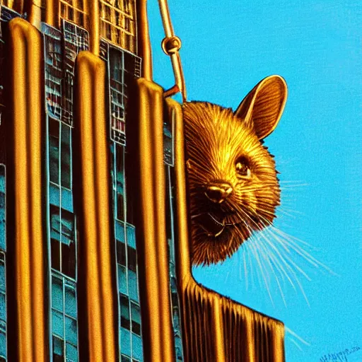 Image similar to giant mouse on empire state building, photorealist, golden hour, high quality