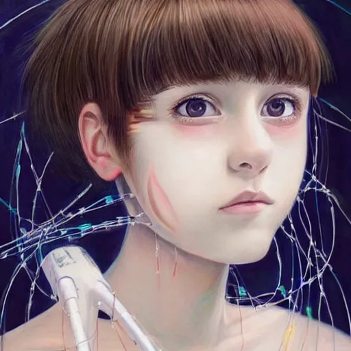 Image similar to beautiful pure evil teenager lain, cute haircut, with hundreds of network cables, neatly coming out of her head, a part of her face panel is showing, she is in pure bliss, chaos, bizarre, strange, portrait, painting, soft and intricate, fine lines, face is breaking like a porcelain doll, by artgerm,