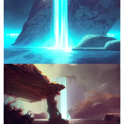 Image similar to a futuristic scene with a man standing in front of a waterfall, concept art by cedric seaut ( keos masons ), artstation, metaphysical painting, concept art, matte painting, artstation hq