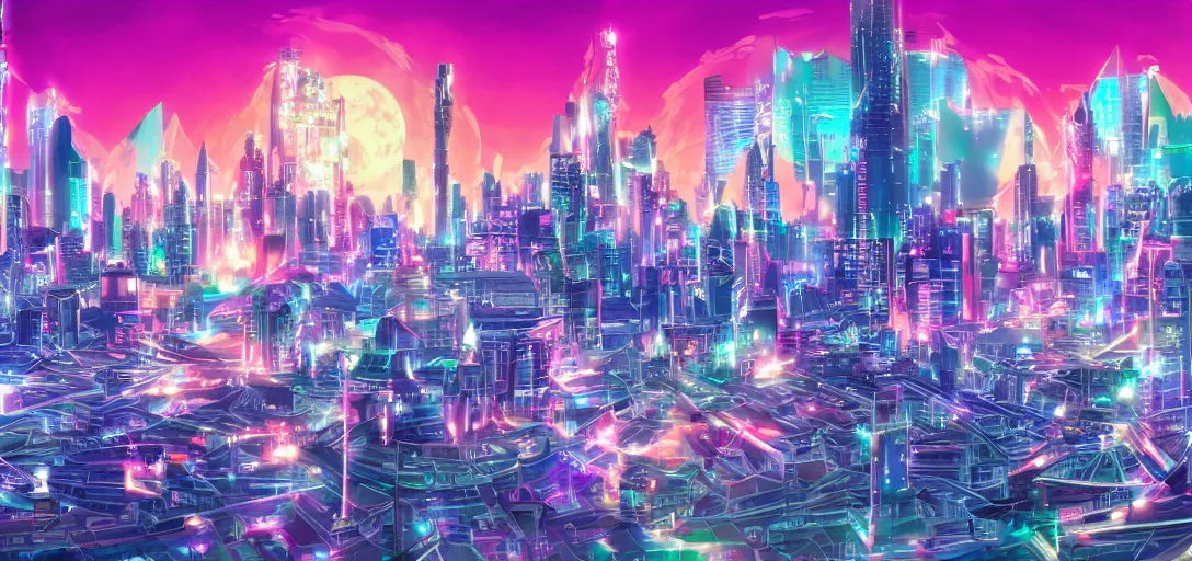 Prompt: The city of Crystal Tokyo from Sailor Moon, circa the year 2994, digital painting