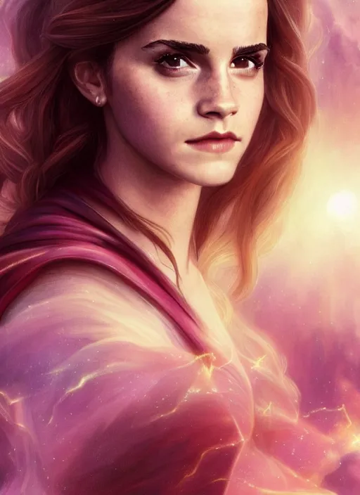 Image similar to emma watson as nature magic celestial, superman pose, long hair, soft pink and white transparent cloth, space, D&D, shiny background, intricate, elegant, highly detailed, digital painting, artstation, concept art, smooth, sharp focus, illustration, artgerm, bouguereau