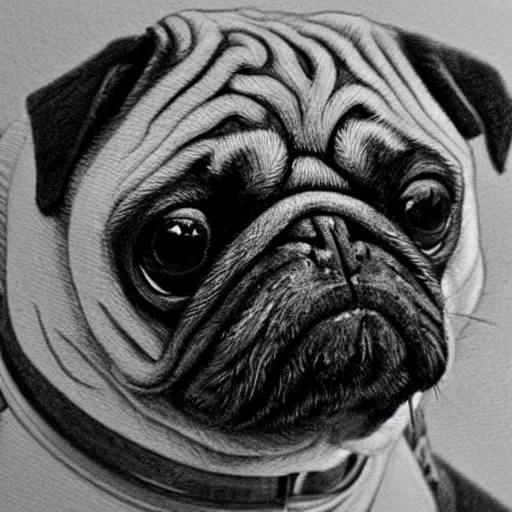 Image similar to pencil art, golden - ratio, spirals, highly detailed, astronaut pug in outer space by davinci.