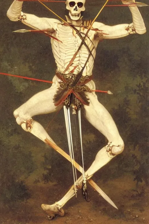 Image similar to portrait of a skeleton archer with bow and arrow in the middle world, wearing helmets with wings, wearing european style armor, holding a sword in both hands, symmetrical, solemn, sacred, aura, by bouguereau